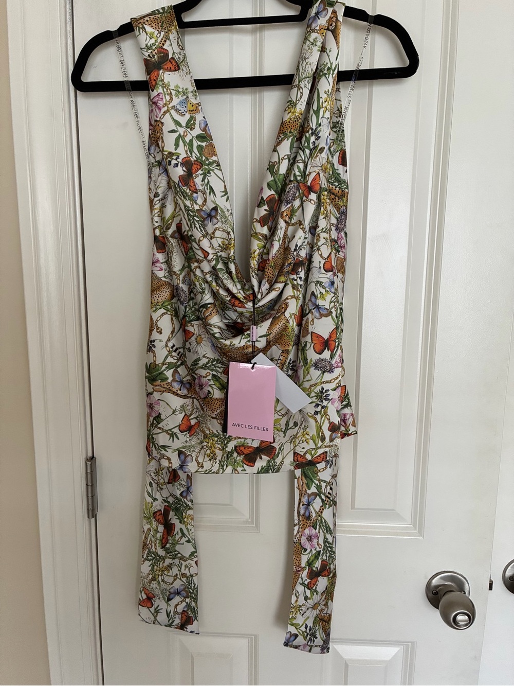 Avec Les Filles Cream Floral & Butterfly Draped Cowl Top